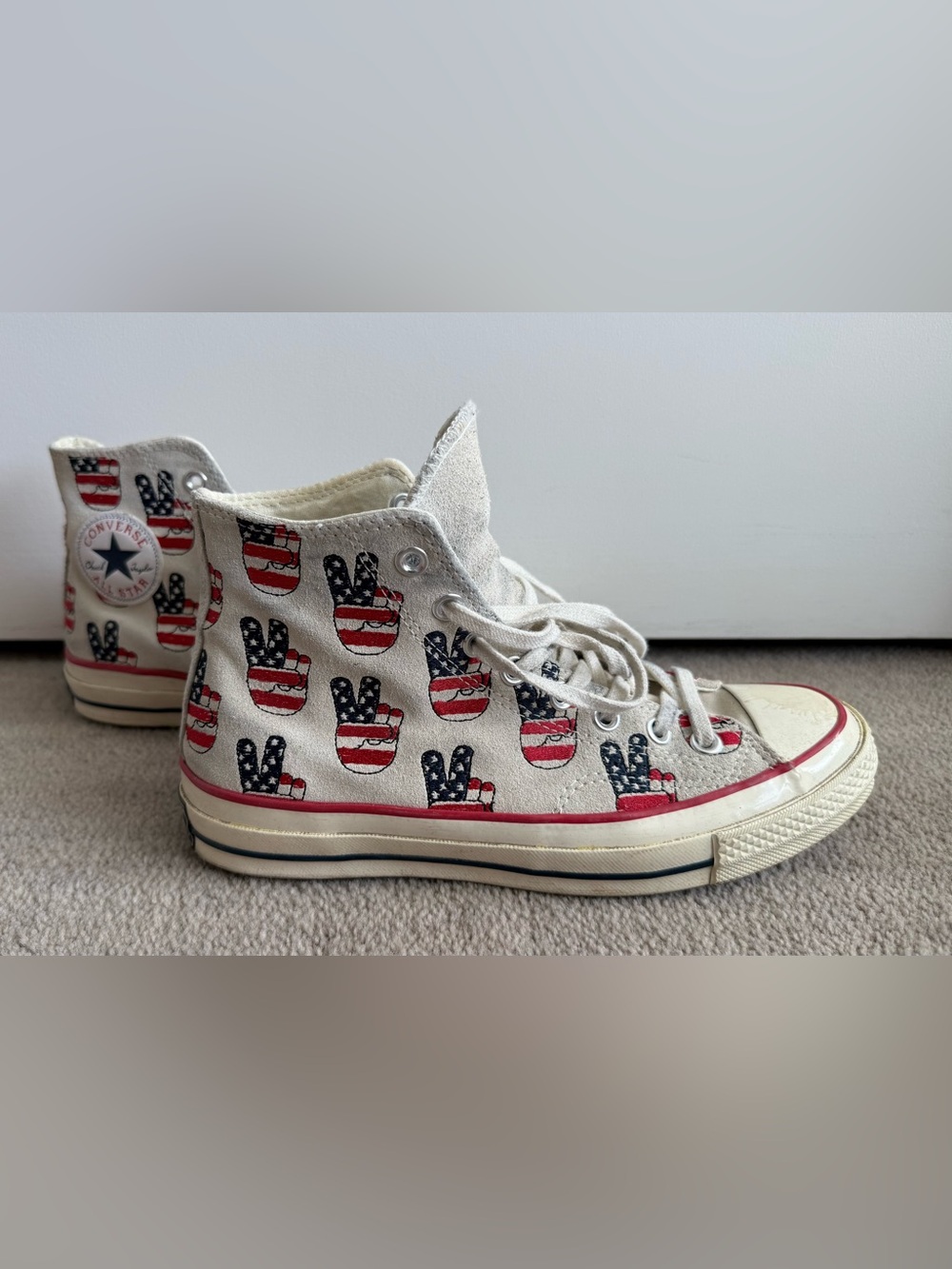 Converse High-Top Sneakers in White with Red & Blue Peace Print